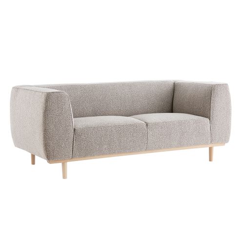 Canapé Scandinave 2-3 Places En Tissu Effet Laine Bouclée Taupe Et Bois Clair Morris