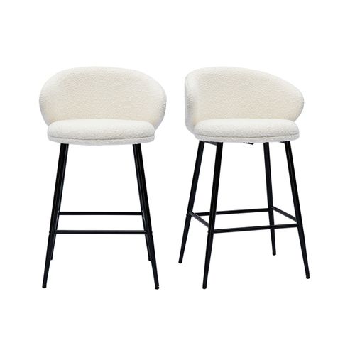 Tabourets De Bar En Tissu Effet Laine Bouclée Blanc Cassé Et Métal Noir H86 Cm (lot De 2) Rosalie