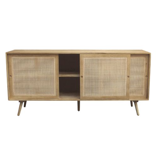 Buffet En Bois Manguier Massif Et Cannage Rotin 3 Portes Coulissantes L180 Cm Acange