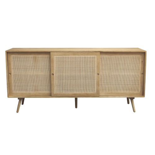 Buffet En Bois Manguier Massif Et Cannage Rotin 3 Portes Coulissantes L180 Cm Acange