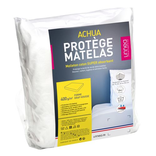 Protège Matelas 90x220 Cm Achua Molleton Coton 400g/m2 Bonnet 50cm