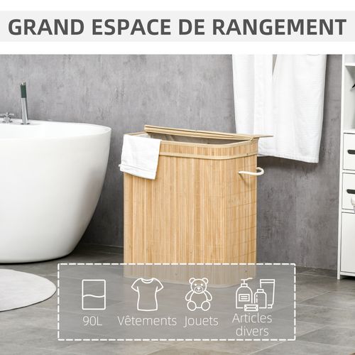 Panier à Linge 100 L 2 Compartiments Bambou Housse Tissu