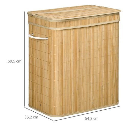 Panier à Linge 100 L 2 Compartiments Bambou Housse Tissu