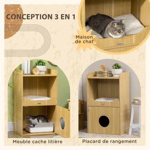 Maison De Toilette Chat - Porte, Niche, Coussin, Plateau - Aspect Bois Clair