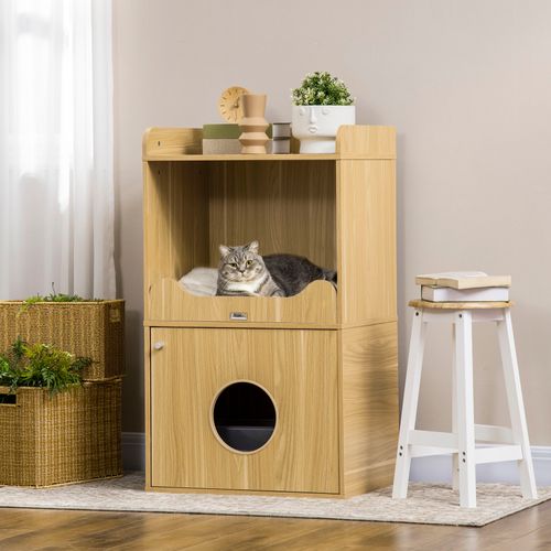 Maison De Toilette Chat - Porte, Niche, Coussin, Plateau - Aspect Bois Clair