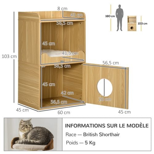 Maison De Toilette Chat - Porte, Niche, Coussin, Plateau - Aspect Bois Clair