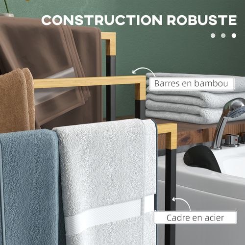 Porte-serviette Autoportant 3 Barres Bambou Acier