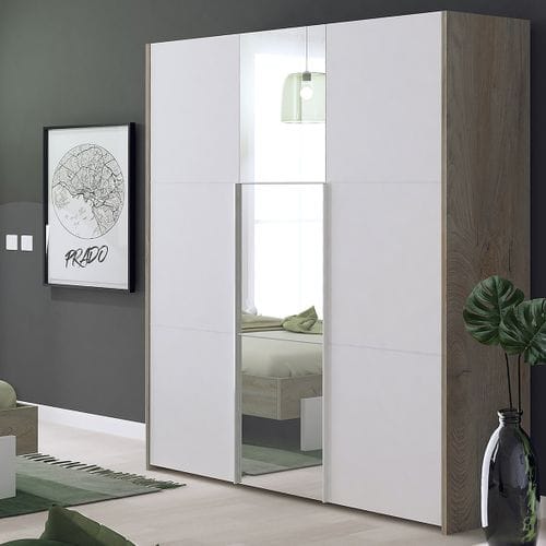 Armoire 3 Portes Effet Bois Clair Avec Miroir - Nino Light