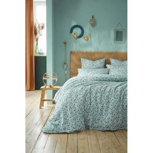 Housse De Couette 260x240cm Gaze De Coton Coloris Bleu Motifs Fleurs - Allison