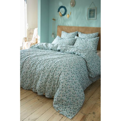 Housse De Couette 260x240cm Gaze De Coton Coloris Bleu Motifs Fleurs - Allison