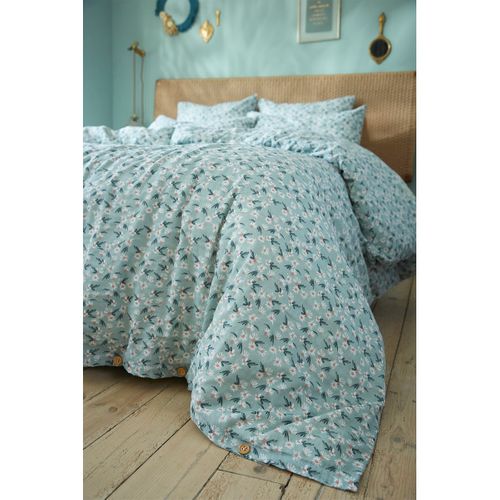 Housse De Couette 260x240cm Gaze De Coton Coloris Bleu Motifs Fleurs - Allison