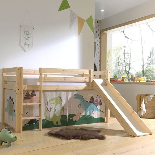 Lit Mi-haut Tobogan En Pin Naturel 90x200cm Housse Dino - Sleepy