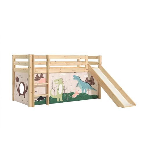 Lit Mi-haut Tobogan En Pin Naturel 90x200cm Housse Dino - Sleepy