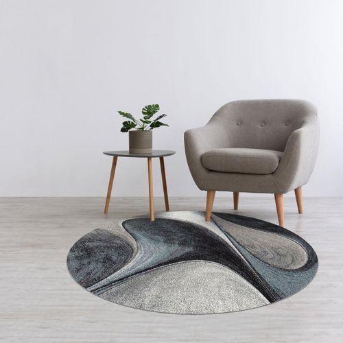 Tapis Salon Ø120cm Tissé Bleu Et Gris Rond Motif Géométrique Madila