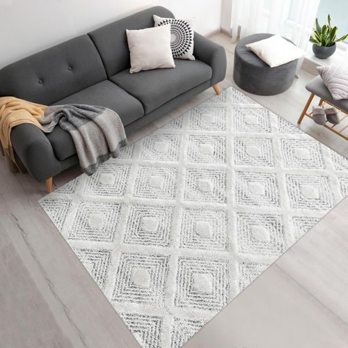 Tapis Chambre 120x170 Tissé Gris Et Blanc Rectangle Motif Scandinave Pistioum