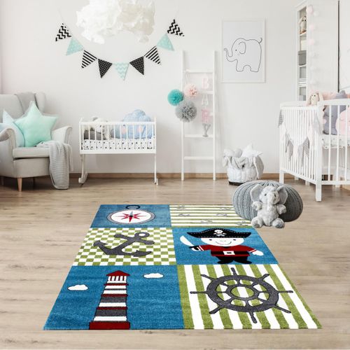 Tapis Enfant 120x170 Rectangle Tissé Bleu Et Vert Kid Pirate