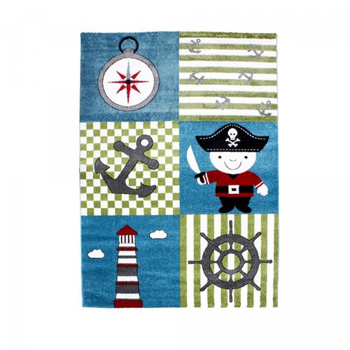 Tapis Enfant 120x170 Rectangle Tissé Bleu Et Vert Kid Pirate