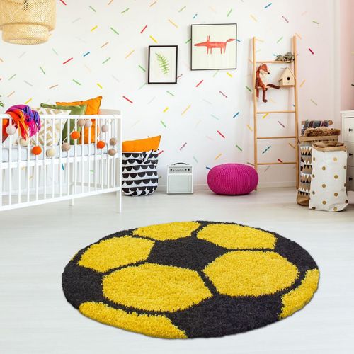 Tapis Enfant Ø100cm Rond Tissé Jaune Et Noir Shaggy Foot