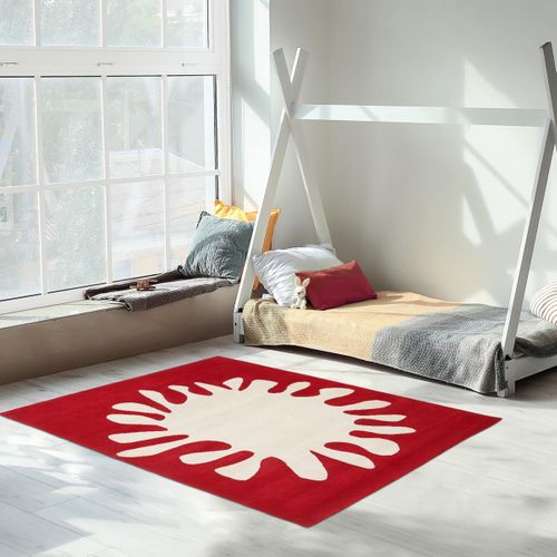 Tapis Salon 130x190 Fait Main En Laine Rouge Et Blanc Motif Géométrique