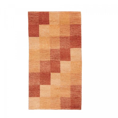 Tapis Shaggy 70x140 Rectangle Fait Main Orange Et Rouge En Laine Motif Damier