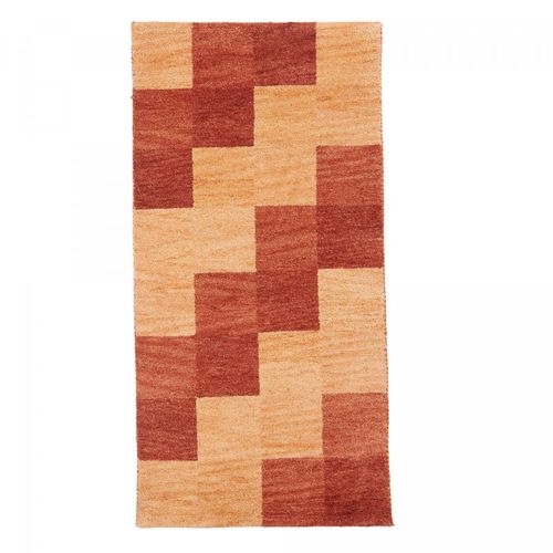 Tapis Shaggy 70x140 Rectangle Fait Main Orange Et Rouge En Laine Motif Damier