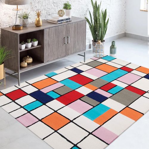 Tapis Chambre 140x200 Fait Main En Laine Bleu Et Rose Rectangle Motif Damier