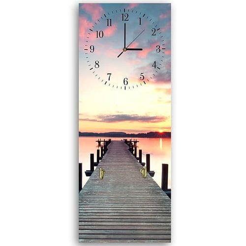 Horloge Murale Panoramique Ponton Au Coucher De Soleil 30 X 90 Cm Bleu