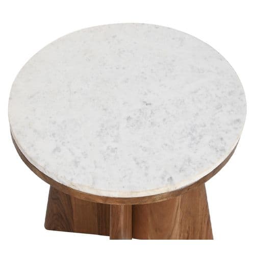 Table Basse Ronde En Marbre Blanc Et Bois D'acacia - Diamètre 70 X Hauteur 43 Cm