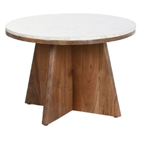 Table Basse Ronde En Marbre Blanc Et Bois D'acacia - Diamètre 70 X Hauteur 43 Cm