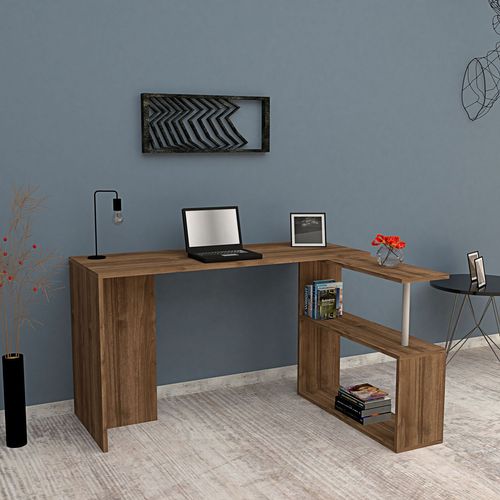 Bureau En Forme De L Avec Étagères De Rangement L.130 Cm - Marron