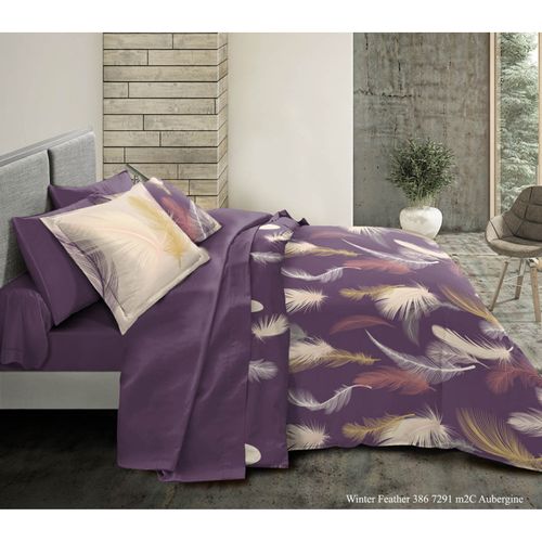 Pack Complet Feather Aubergine Housse De Couette Pour Lit 140 X 190 Cm 100% Coton / 57 Fils/cm²