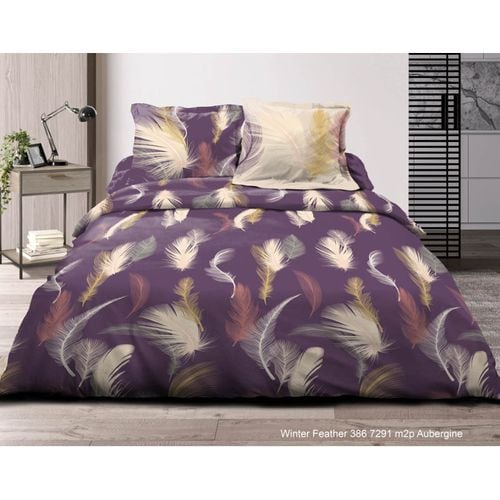 Pack Complet Feather Aubergine Housse De Couette Pour Lit 140 X 190 Cm 100% Coton / 57 Fils/cm²