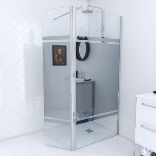 Pack Paroi De Douche Et Volet Pivotant 90+40x200 Cm - Bandeau Miroir - Barre De Fixation Chrome