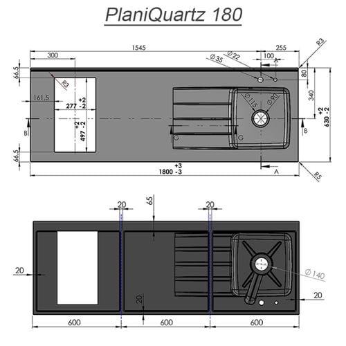 Plan De Travail Monobloc Planiquartz Avec Évier à Gauche - 180 Cm Snova