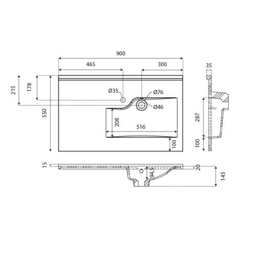 Plan Simple Vasque Déportée à Gauche Resiloge - 90 Cm