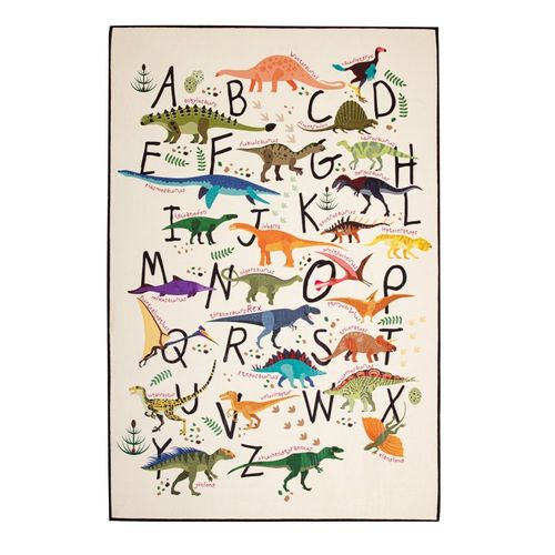 Tapis 80 X 120 Cm Velours Ras Imprimé Finition Surjet Motif Alphabet Dinosaures Multicolore