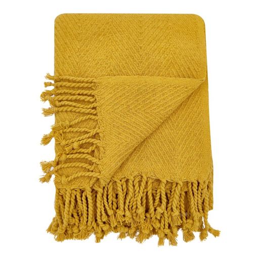 Fouta, Jeté De Lit, Plaid 100% Coton 120 X 150 Cm Franges Jacquard Motif Chevrons Ton Sur Ton Jaune