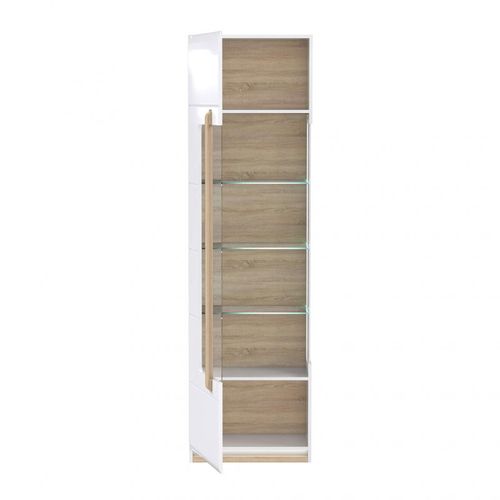 Vitrine 209 Cm 1 Porte Blanc Laqué Décor Bois Clair Et LED - Alexiane