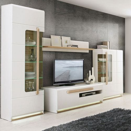 Vitrine 209 Cm 1 Porte Blanc Laqué Décor Bois Clair Et LED - Alexiane