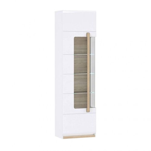 Vitrine 209 Cm 1 Porte Blanc Laqué Décor Bois Clair Et LED - Alexiane