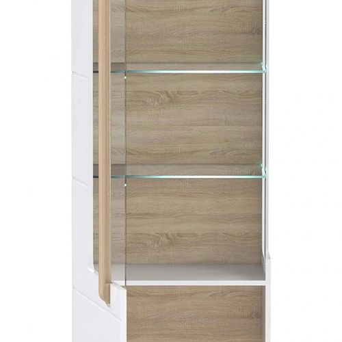 Vitrine 209 Cm 1 Porte Blanc Laqué Décor Bois Clair Et LED - Alexiane