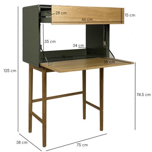 Bureau Secrétaire 1 Porte 1 Tiroir Chêne Clair Et Vert - Flit 7509