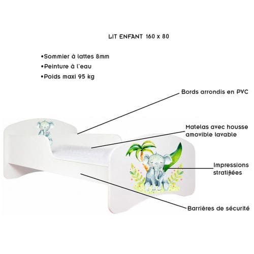 Lit Enfant 160x80    Blanc   Motif Éléphant + Matelas Mousse Sans Tiroir