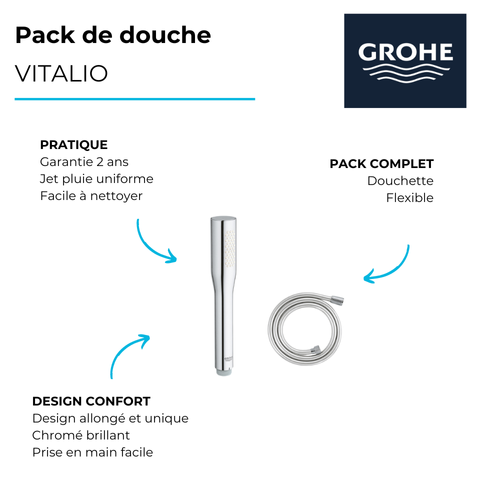 Pack Douchette 1 Jet Grohe Vitalio Get Stick Chromé Avec Flexible 1500 Chromé