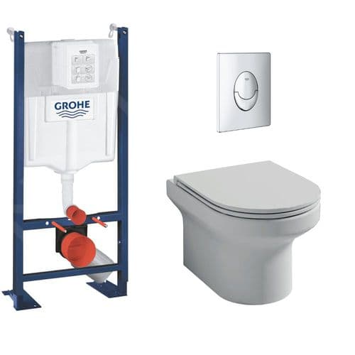 Pack Wc Suspendu Sans Bride  Jacob Delafon + Bâti Support Wc Grohe + Plaque Commande Chromé Rond Qu