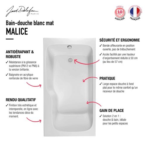 Baignoire Bain Douche Jacob Delafon Malice Antidérapante + Tablier Niche 160 X 85 Version Droite