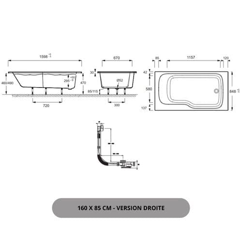 Baignoire Bain Douche Jacob Delafon Malice Antidérapante + Tablier Niche 160 X 85 Version Droite