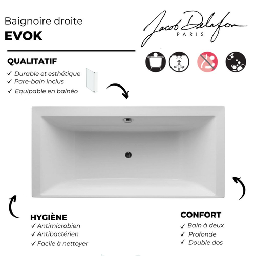 Lot Baignoire Droite 170 X 80 Jacob Delafon Evok + Pare-bain Noir Mat