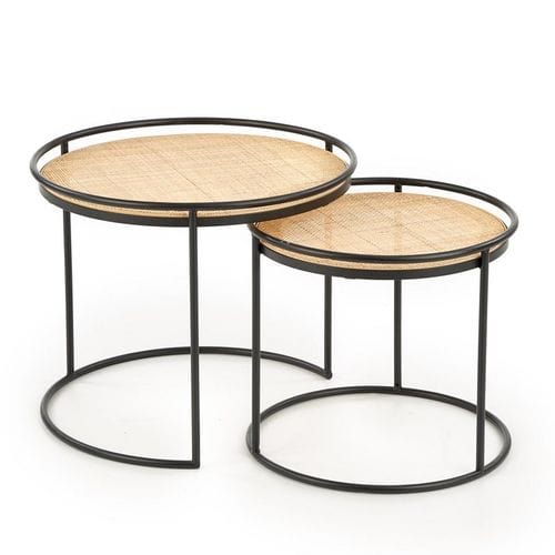 Ensemble De Deux Tables Gigognes Rondes En Rotin Et Acier Noir Swing