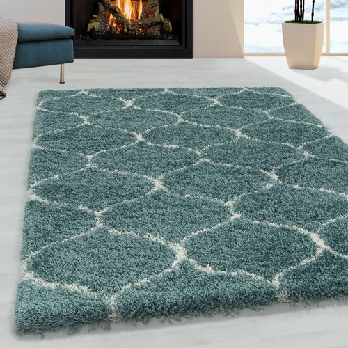 Salma - Tapis à Poils Longs Et Motifs Alhambra - Turquoise Et Blanc 200 X 290 Cm